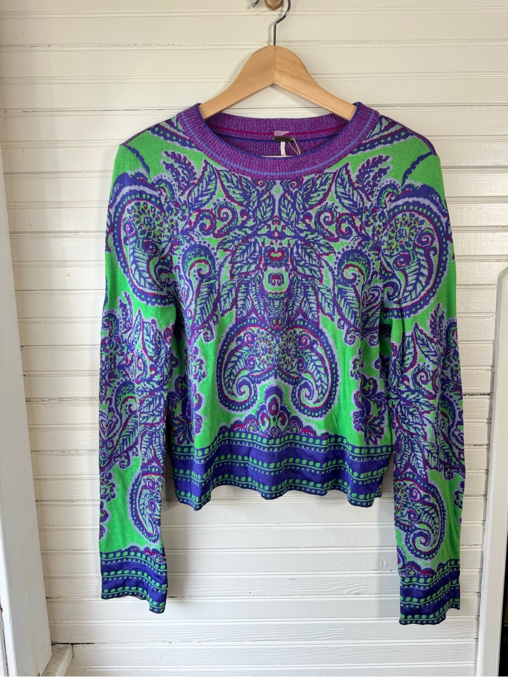 Free People Boho Cropped Paisley Sleeve Sweater Purple Neon Green M